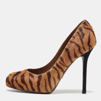 Sergio Rossi Brown Tiger Stripes Print Calf Hair Platform Pumps In Multi