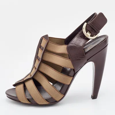 Pre-owned Sergio Rossi Brown/grey Leather And Elastic Strappy Sandals Size 37