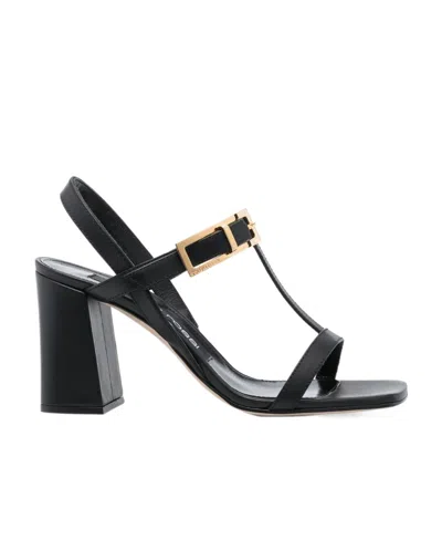 Sergio Rossi Leather Block Heel T-bar Sandals In Black