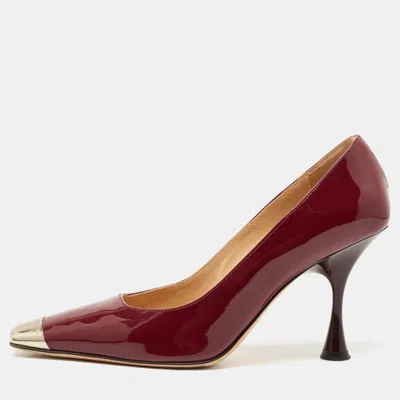 Pre-owned Sergio Rossi Burgundy Patent Leather Metal Detail Square Toe Pumps Size 37