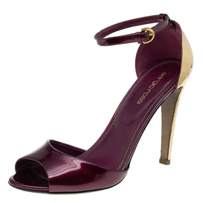 Sergio Rossi Burgundy Patent Leather Metal Heel Ankle Strap Sandals In Purple