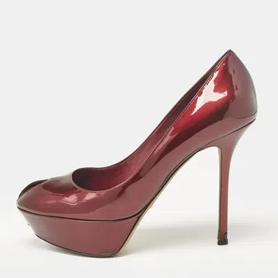 Pre-owned Sergio Rossi Burgundy Patent Leather Peep Toe Platform Pumps Size 38.5