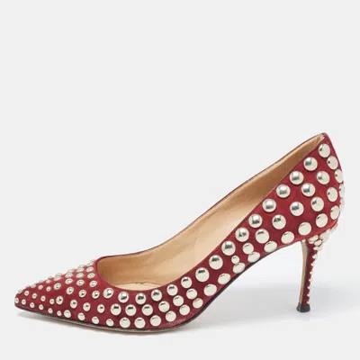 Sergio Rossi Burgundy Suede Embellished Pointed Toe Pumps In White