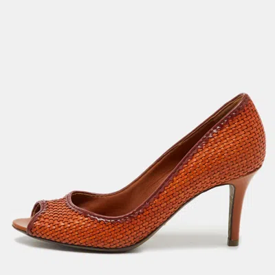 Pre-owned Sergio Rossi Burnt Orange Woven Leather Peep Toe Pumps Size 36