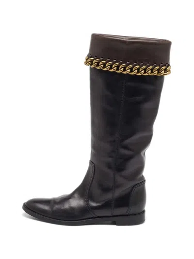 Pre-owned Sergio Rossi Chain-detail Calf-length Boots In Brown
