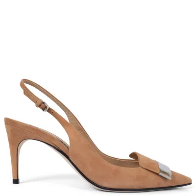 Pre-owned Sergio Rossi Cognac Suede Sr1 Slingbacks Pumps Shoes 38.5 In Brown