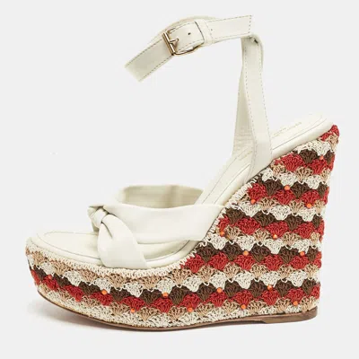 Pre-owned Sergio Rossi Cream Leather And Fabric Platform Wedge Knotted Ankle Strap Sandals Size 36