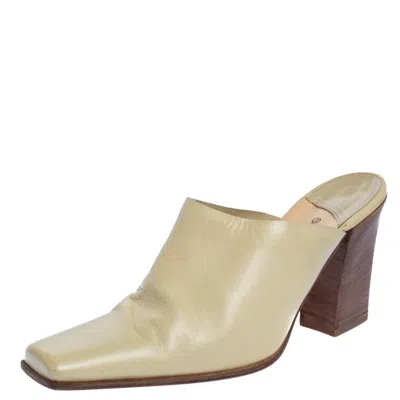 Sergio Rossi Cream Leather Block Heel Square Toe Mules In White