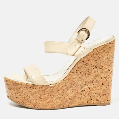 Sergio Rossi Cream Patent Leather Ankle Strap Cork Platform Wedge Sandals In Brown