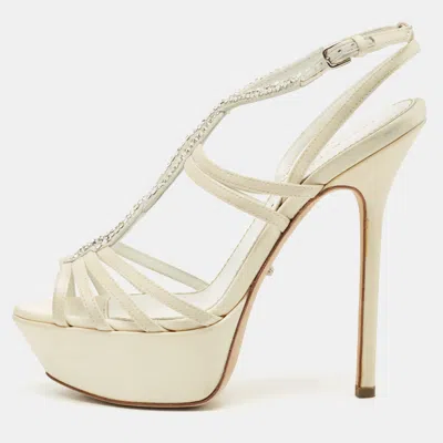 Pre-owned Sergio Rossi Cream Satin Crystal Embellished Platform Sandals Size 35.5