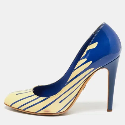 Sergio Rossi Cream/blue Patent Leather Round Toe Pumps