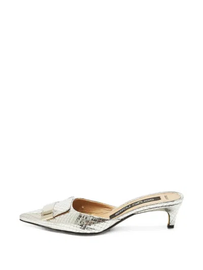 Pre-owned Sergio Rossi Croc-embossed Buckle Mules In Silver
