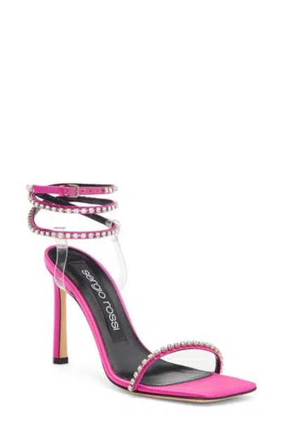 Sergio Rossi Crystal Embellished Ankle Wrap Sandal In Dragon Fruit And Transparent