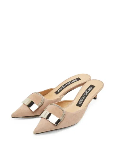 Pre-owned Sergio Rossi Crystal-embellished Pointed-toe Mules In Neutral