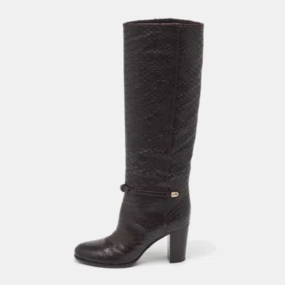 Pre-owned Sergio Rossi Dark Brown Python Embossed Leather Knee Length Boots Size 35.5