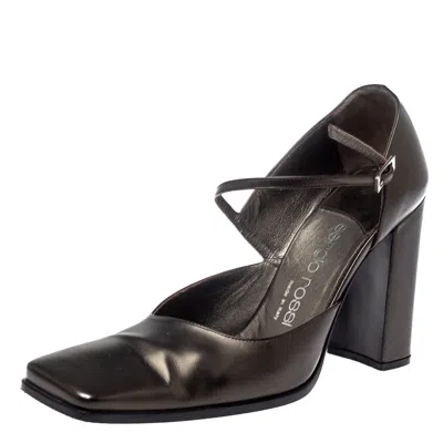 Sergio Rossi Dark Grey Leather Ankle Strap Square Toe Pumps In Black