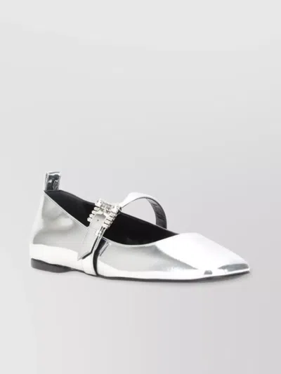 Sergio Rossi Embellished Metallic Pointed Strap Ballerina Shoes In White