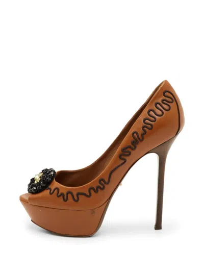 Pre-owned Sergio Rossi Embellished Peep-toe Pumps In Brown