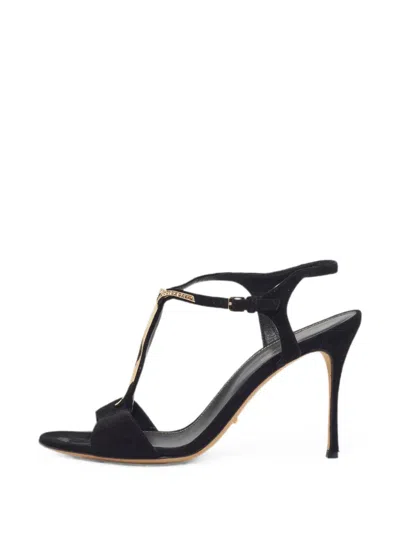 Pre-owned Sergio Rossi Embellished T-bar Heeled Sandals In Black