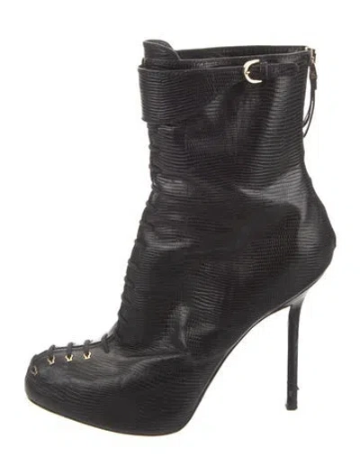 Pre-owned Sergio Rossi Embossed Leather Lace-up Boots In Black
