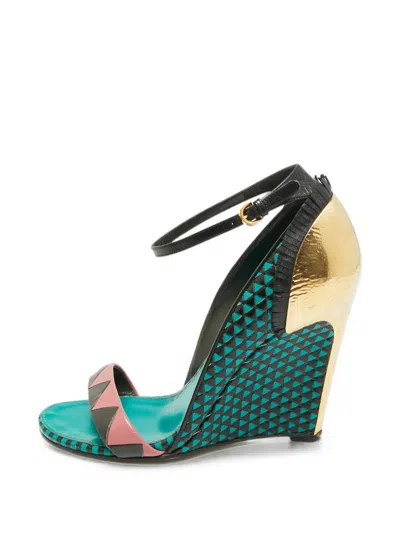 Pre-owned Sergio Rossi Geometric-pattern Ankle-strap Wedge Sandals In Gold