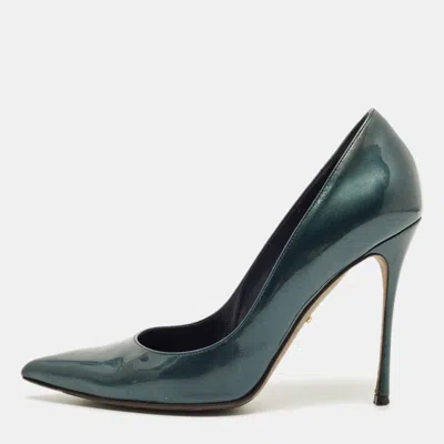 Pre-owned Sergio Rossi Godiva Size 37 Metallic Green Patent Leather Pointed Toe Pumps In Silver