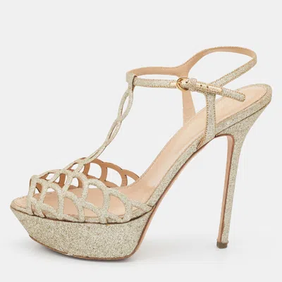 Pre-owned Sergio Rossi Gold Glitter Leather Laser Cut Out Platform Sandals Size 40