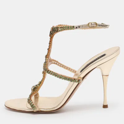 Pre-owned Sergio Rossi Gold Leather Ankle Strap Sandals Size 38.5