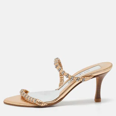 Pre-owned Sergio Rossi Gold Leather Crystal Embellished Slide Sandals Size 35