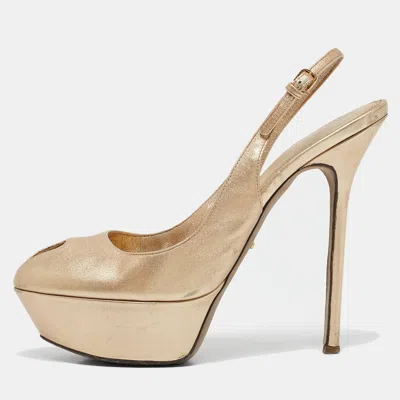 Sergio Rossi Gold Leather Peep Toe Platform Slingback Sandals