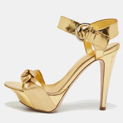 Pre-owned Sergio Rossi Gold Leather Platform Ankle Strap Sandals Size 36.5