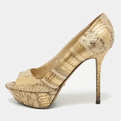 Pre-owned Sergio Rossi Gold Snakeskin Embossed Leather Peep Toe Pumps Size 39