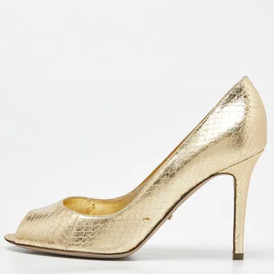 Pre-owned Sergio Rossi Gold Watersnake Leather Peep Toe Pumps Size 39