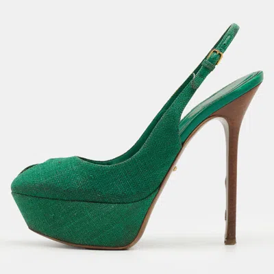 Sergio Rossi Green Canvas Cachet Peep Toe Platform Slingback Sandals