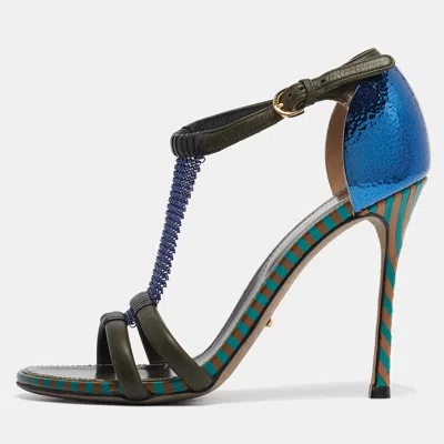 Pre-owned Sergio Rossi Green Leather And Mesh Ankle Strap Sandals Size 37.5