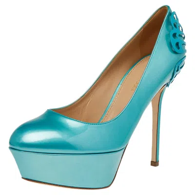 Sergio Rossi Green Patent Leather Butterfly Plaque Platform Pumps