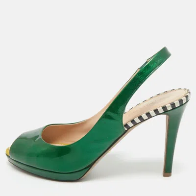 Pre-owned Sergio Rossi Green Patent Leather Peep Toe Slingback Pumps Size 38
