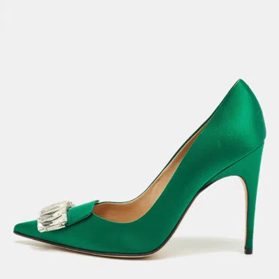 Sergio Rossi Green Satin Crystal Embellish Pointed Toe Pumps
