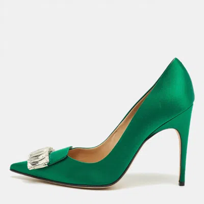 Pre-owned Sergio Rossi Green Satin Crystal Embellish Pointed Toe Pumps Size 40