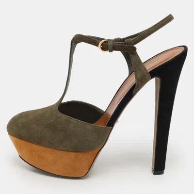 Pre-owned Sergio Rossi Green Suede T-strap Platform Sandals Size 38.5