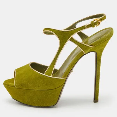 Pre-owned Sergio Rossi Green/gold Suede And Leather Platform Sandals Size 37