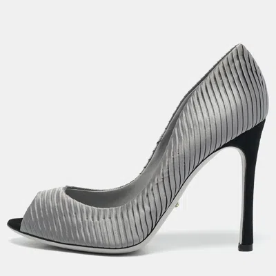 Sergio Rossi Grey Pleated Satin Peep Toe Pumps In Gray