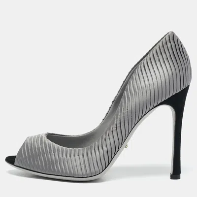 Pre-owned Sergio Rossi Grey Pleated Satin Peep Toe Pumps Size 38