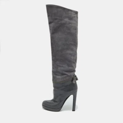 Pre-owned Sergio Rossi Grey Suede And Snakeskin Thigh High Boots Size 35