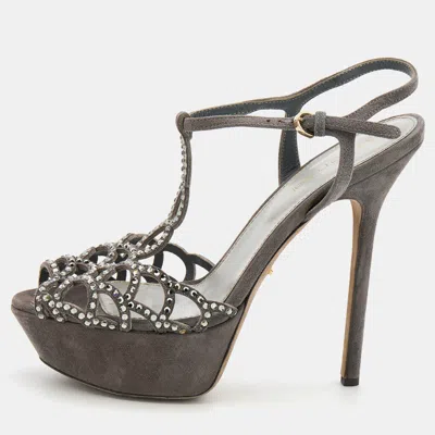 Sergio Rossi Grey Suede Embellished Strappy Scalloped Platform Sandals In Gray