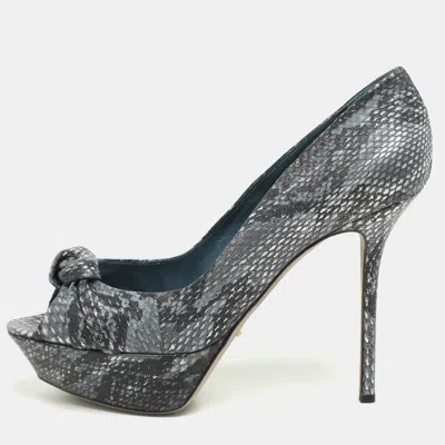 Pre-owned Sergio Rossi Grey/black Python Knotted Peep Toe Platform Pumps Size 41