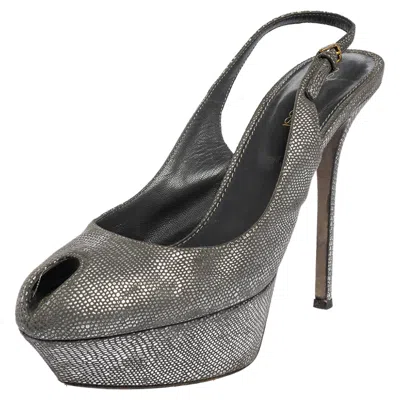 Sergio Rossi Grey/silver Suede Cachet Peep Toe Platform Slingback Sandals In Black