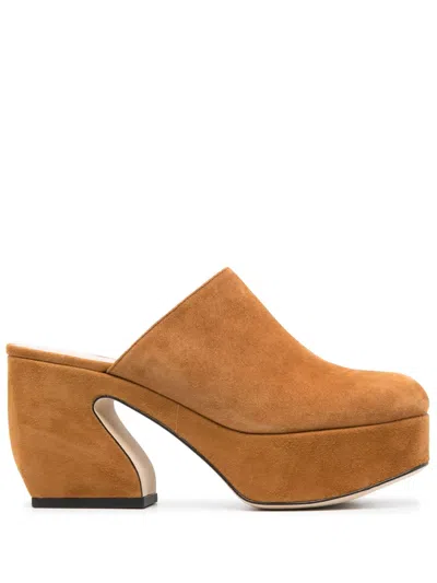 Sergio Rossi Heeled Leather Suede Mules In Brown