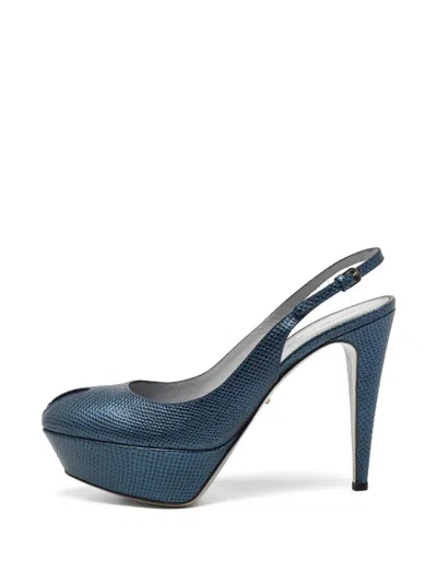 Pre-owned Sergio Rossi Iguana-embossed Platform Slingback Pumps In Blue