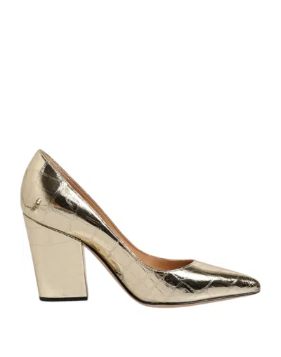 Sergio Rossi Leather Pointed Toe Block Heels Women's Shoes In Gold
